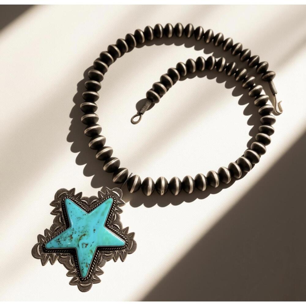 Native American Kingman Turquoise Star Pendant & Navajo 12 mm Pearl Necklace - Picture 8 of 9